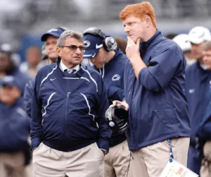Joe Paterno with Mike McQueary. McQueary took a lot of criticism since he said he saw Sandusky raping a 20 year old boy and, according to one of his numerous versions of the story, he ran away and did nothing.
