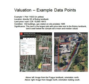 Valuation slide showing two aerial maps with a yellow highlighted parcel near the Bubny landmark; left map from Prague landbank, right from Google Earth looking south.