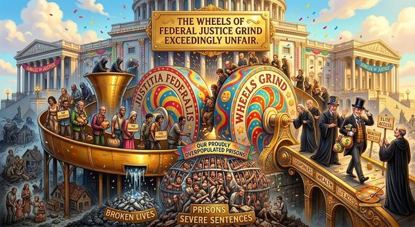 Political cartoon showing a giant, ornate wheel labeled 'Wheels Grind Exceedingly Unfair' and 'Federal Justice' crushing prisoners beneath, with elites and wealth at the sides.