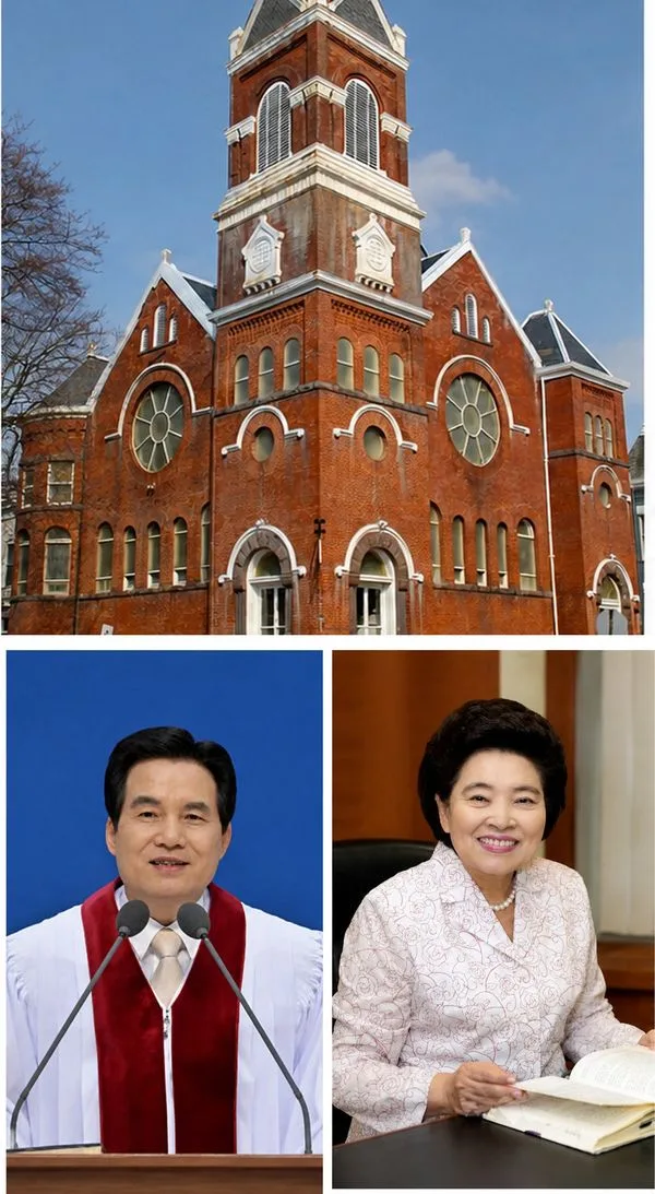 Brick church with tall tower against blue sky, plus two people shown below: a man at a podium in ceremonial robes and a smiling woman in a pink patterned suit at a desk with papers.