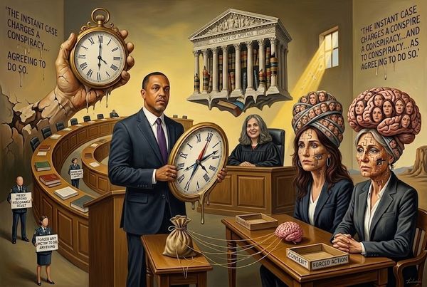 Surreal courtroom: a man in a suit holds a large clock as a judge presides; two women with brain sculptures sit at a table labeled Consent vs Forced Action.