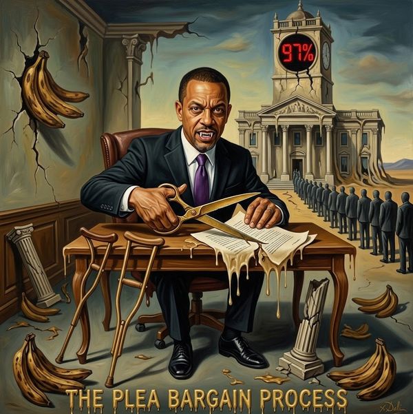 Satirical painting of a suited man cutting documents with oversized scissors as chaos surrounds him: melting desk, scattered bananas, crumbling room, a line of people outside a cracked courthouse, and a clock displaying 97%; caption 'The Plea Bargain Process'
