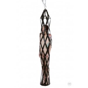 Yes, that's a person in there. This rubber strap cage offers a unique way to keep your slave encased and restrained. With this rubber strap cage, your slave steps onto a platform base and becomes surrounded with durable rubber straps.