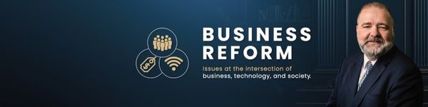 Banner for 'Business Reform' with three circular icons on the left and a man in a suit on the right.