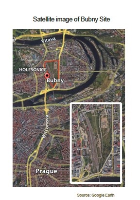 Satellite map view of Bubny site in Prague with a white rectangle highlighting the area; source Google Earth.