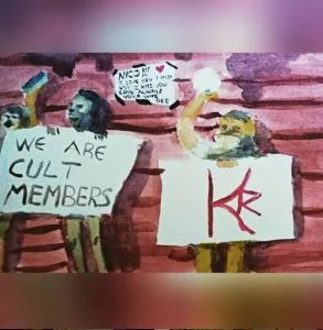 The DOS dancers hold up a sign with the pubic brand. MK10ART