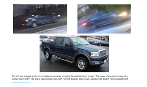 Above: The top two images are from surveillance cameras showing the vehicle used by the murderer. The lower photo is an image of a similar blue Ford F-150 Crew Cab pickup truck with running boards, police said.