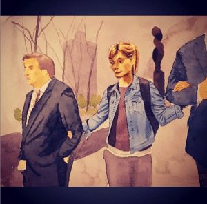 MK10ART's painting of Allison Mack being accompanied out of court with her attorneys, Sean Buckley [l] and William McGovern [r]