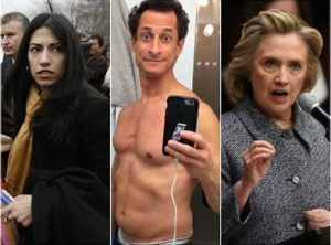 Huma Abedin [l], Anthony Weiner [c], and Hillary Clinton [r]
