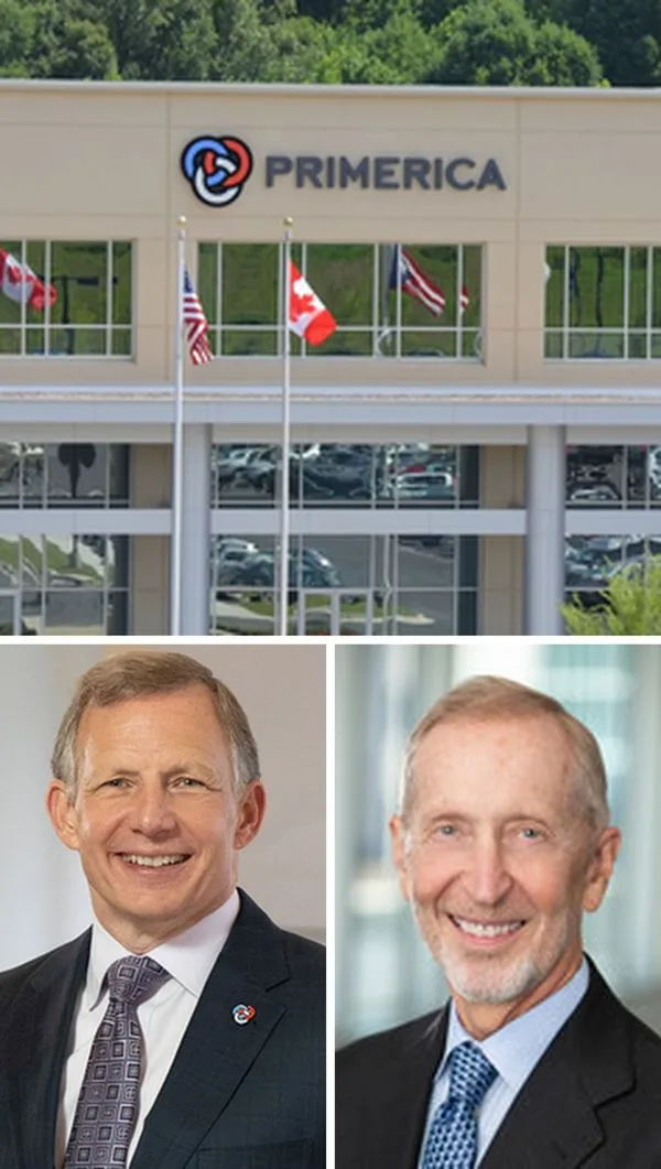 Primerica office building exterior with flagpoles and company logo, followed by two executive headshots in suits (collage).