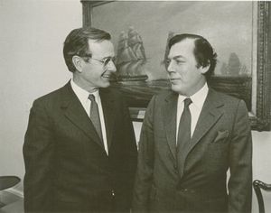 Keith Raniere claimed that the cancer women were poisoned by Edgar Bronfman Sr. In the picture above is former CIA chief and US president George H. W. Bush and Edgar Bronfman Sr. [r].