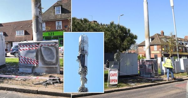 A damaged phone mast in Dagenham, east London following a suspected arson attack over the Easter weekend fulled by conspiracy theories linking 5G to the spread of coronavirus