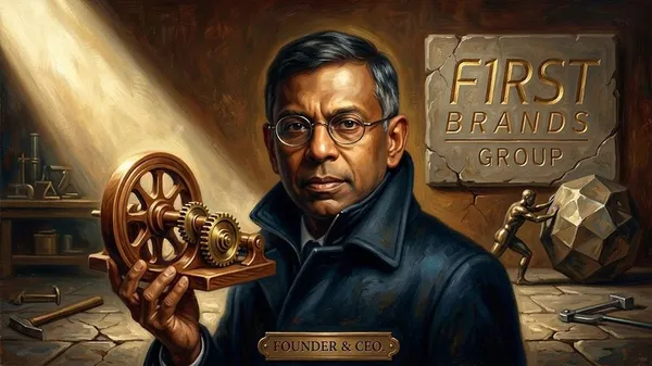 Portrait of a founder and CEO in a workshop, holding a wooden gear mechanism with the 'First Brands Group' sign in the background.