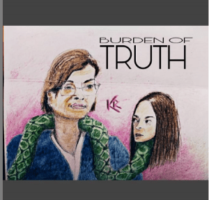 MK10ART's painting of Nxivm president Nancy Salzman with her "disciple" the snake-bodied Kristin Kreuk with a small brand used on women's pussies to mark them as slaves in the background.