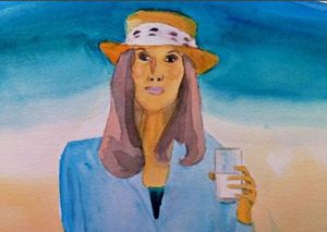 MK10Art's painting of  Pam Cafritz drinking a milky white beverage that was to cure hger of cancer. It did not work.
