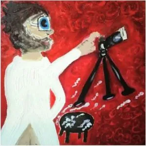 Marie White's grotesque painting of Keith Raniere emitting the magic sperm as he photographs a child of 15.