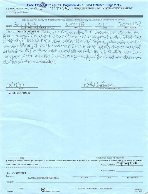 BP-8 submitted by Keith Raniere on October 29, 2022, questioning the BOP why he was still in the SHU.