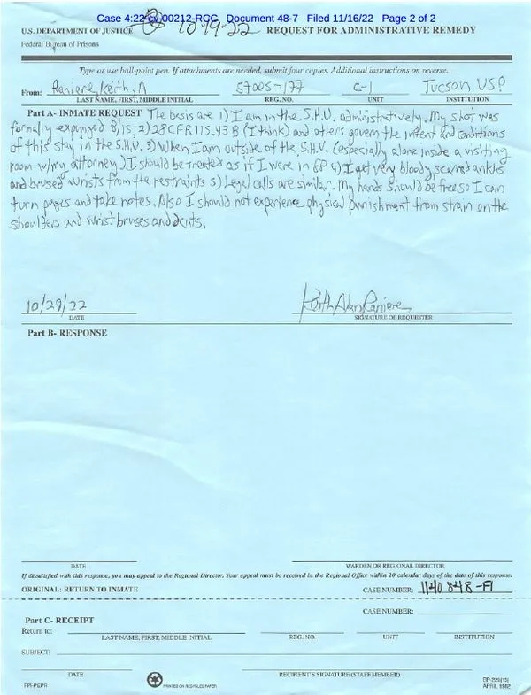 BP-8 submitted by Keith Raniere on October 29, 2022, questioning the BOP why he was still in the SHU.