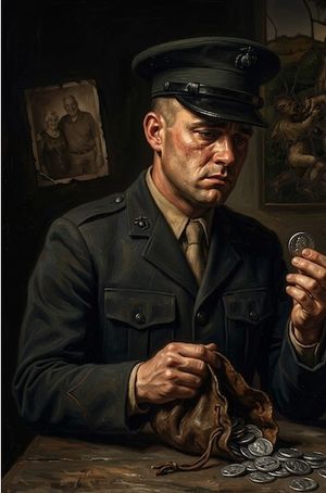 Oil painting of a soldier in a cap counting coins from a pouch on a table with framed photos in the background.