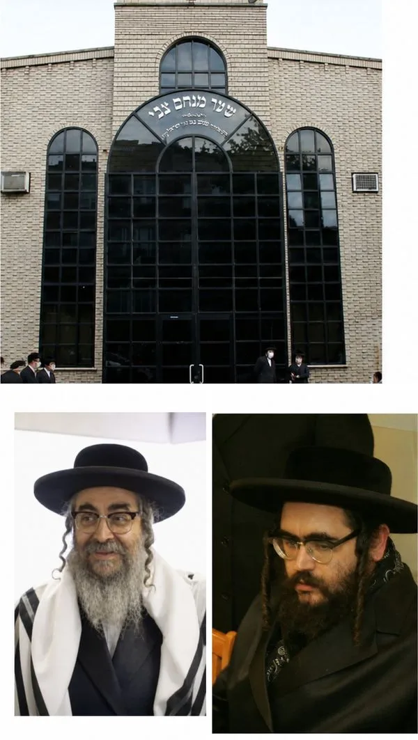 Collage of a brick synagogue with large arched windows and Hebrew lettering, plus two Hasidic men in black hats outside.
