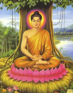 Depiction of Buddha with his ochre robes.