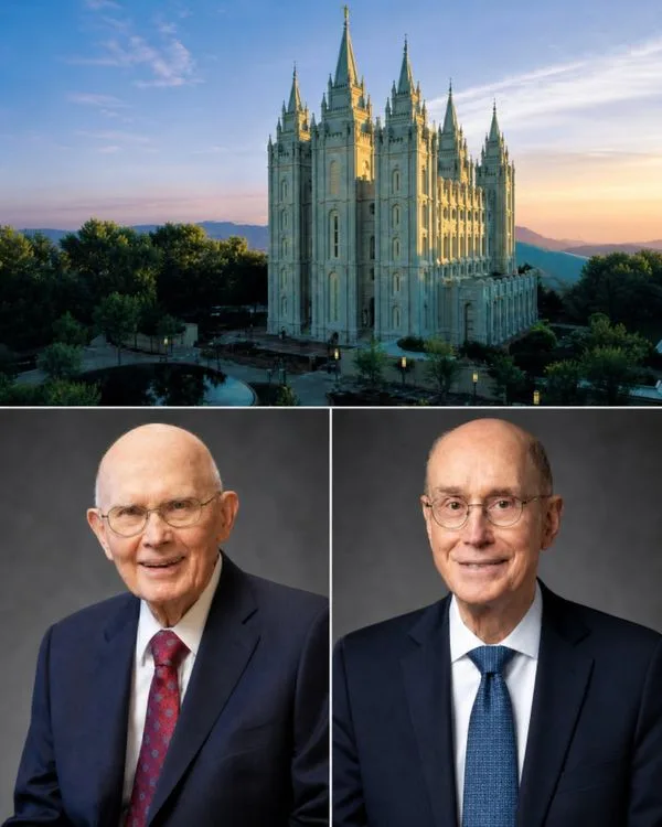 Castle-like fortress on a hill at sunset, with two formal headshots of suited men below.