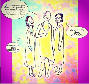 MK10ART's painting of Allison Mack [c] singing with Lauren [l] and Nancy Salzman [r] providing back up vocals.