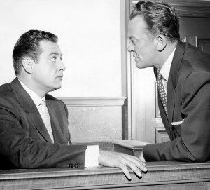Perry Mason [Raymond Burr] and DA Hamilton Burger [William Tallman].