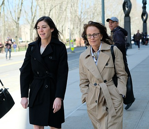 Attorney Justine Harris [l] and her client, Kathy Russell, outside the Brooklyn courthouse, April 8, 2019.
