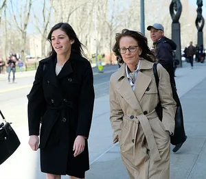 Attorney Justine Harris [l] and her client, Kathy Russell, outside the Brooklyn courthouse, April 8, 2019.