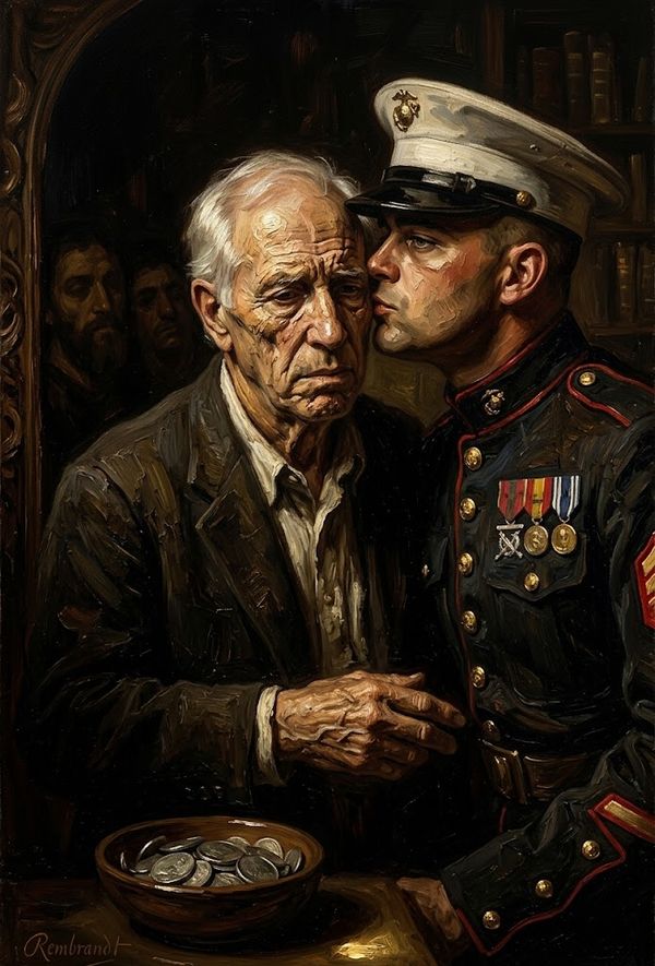 An elderly man and a uniformed Marine share a solemn handshake, with a bowl of coins on the table beside them.