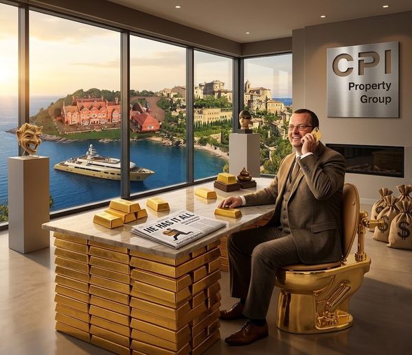 Businessman on a gold throne-like chair talks on a phone at a marble desk stacked with gold bars, in a luxurious office overlooking a waterfront with a yacht and island view.