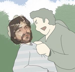 Artist's conception: A relative of one of the scores of women Keith Raniere is said to have abused confronts the Vanguard. He is unaware however that Raniere claims to have won the East Coast Judo Championship at age 11 and now will have a chance to prove that it was true.