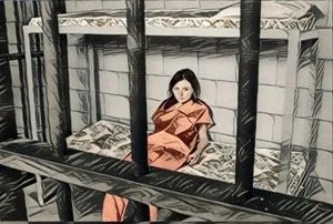 Woman in a prison cell
