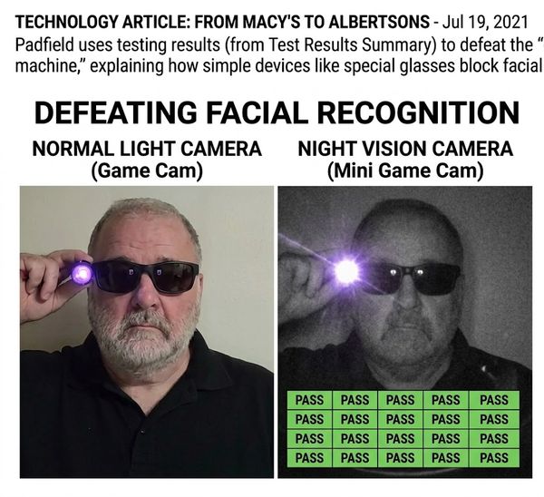 Side-by-side demonstration of facial recognition: left shows a man in normal light holding a purple LED device; right shows the same man in night-vision grayscale with a green 'PASS' grid beneath.