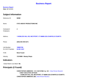 Ambrose's Eyes Above Productions is listed as within the beauty industry.
