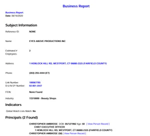 Ambrose's Eyes Above Productions is listed as within the beauty industry.
