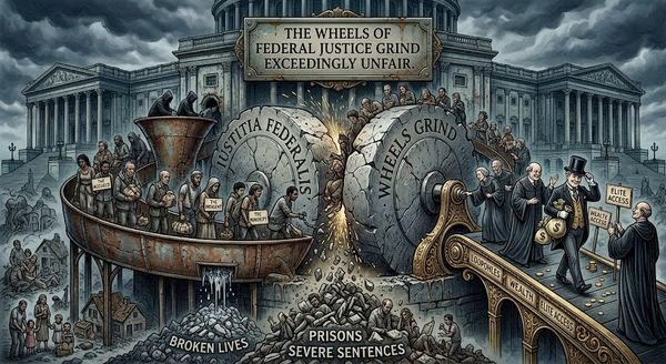 Political cartoon showing two giant grinding wheels labeled with justice themes crushing the courthouse, with people on the left labeled as 'The Accused' and 'The Indigent' and a river of broken lives below. Intended to critique federal justice as unfair and biased toward elites.