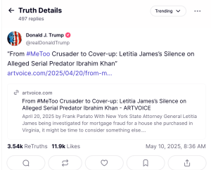 President Donald Trump reposts Frank Parlato's article ton his Truth Social page.