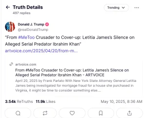 President Donald Trump reposts Frank Parlato's article ton his Truth Social page.