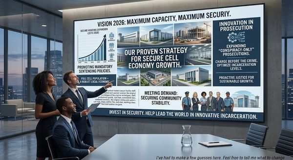 Three professionals point to a large poster titled 'Vision 2026: Maximum Capacity, Maximum Security' in a glass-walled boardroom setting.