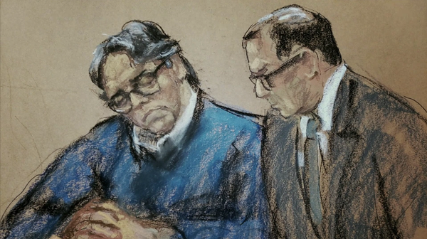 Artist sketch of Keith Raniere at trial with his attorney Marc Agnifilo.