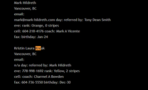 From John Tighe's blog Saratoga In Decline - from the 2011 Nxivm Coaches List. It shows Kreuk is a Coach - a yellow sash - with two stripes. This shows that in 2011, Kreuk had been a coach for some time. For a coach level begins at yellow with no stripes. Kreuk had earned two stripes after becoming a coach - which can only be accomplished by taking many classes, coaching many students and recruiting new students into Nxivm.