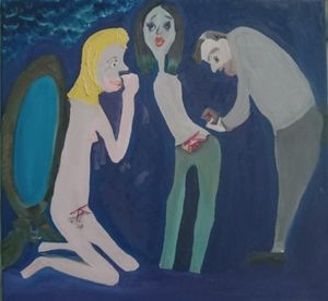 Marie White's painting of Frank Parlato examining the pubic brand of a DOS slave to determine if it was true that someone would brand women with their initials and tell them it was the four elements.