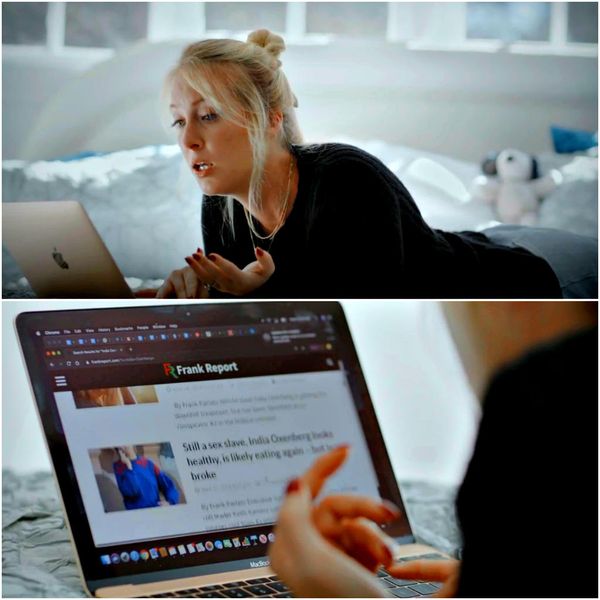 India Oxenberg reading about herself in the Frank Report. It scared her slaves away from branding.