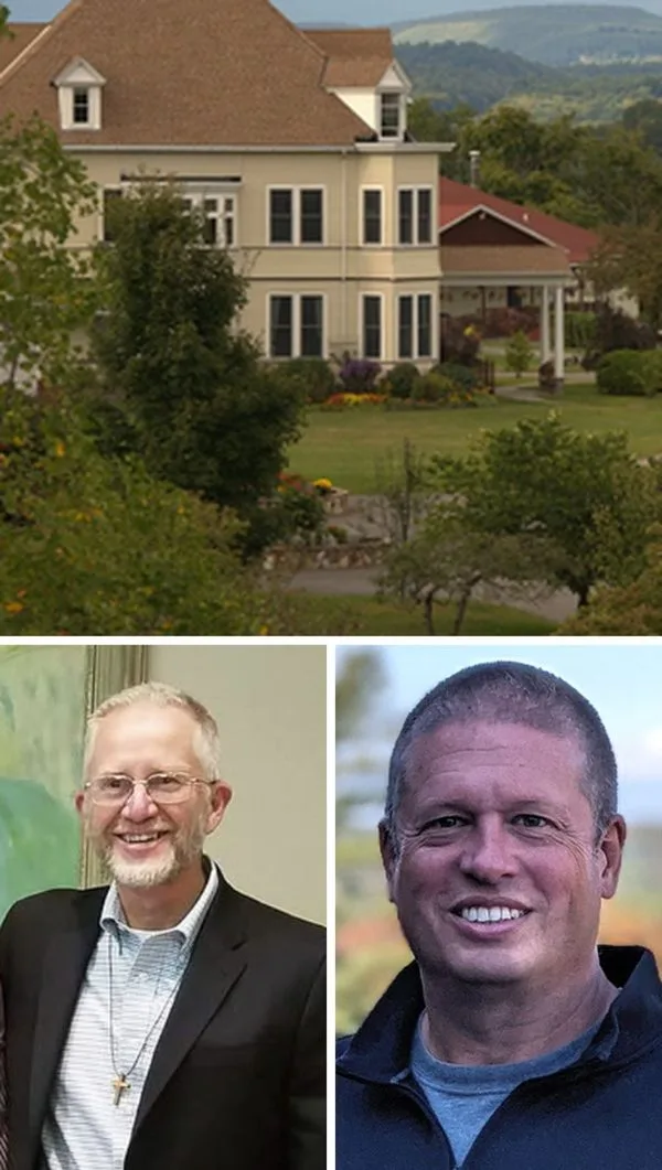 Collage showing a large beige house with a garden and hills in the background, plus two men below: left, an older man in a suit with a cross necklace; right, a smiling man in a dark jacket outdoors.