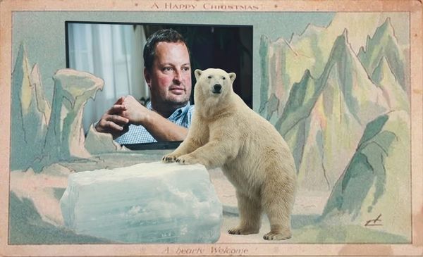 Polar bear standing beside an ice block, with a man visible on a TV screen in a vintage Christmas card scene.