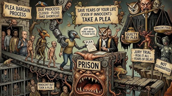 A chaotic courtroom satire where people and monsters line up on a conveyor belt toward a monstrous prison, with signs like 'Plea Bargain Process' and 'Guilty by Plea' overhead and 'Take a Plea' center stage.