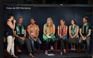 The Executive Board of Nxivm. Standing Nancy Salzman. L-R Mark Vicente, Alejandro Betancourt, Karen U. Clare Webb Bronfman, Lauren Salzman, and Emiliano Salinas.