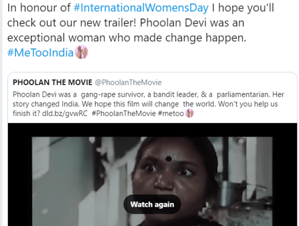 Kristin Kreuk tweeted support of a documentary about Phoolan Devi. What the promoters of the film fail to mention is that Phoolan Devi incited her gang of bandits [yes, she was a thief and robber - mostly of senior citizens and poor women] to murder some two dozen innocent men. Phoolan claimed that these men raped her. However, they never had a chance to stand trial. Based on her word alone, they were murdered by her gang. Yet her word as a brutal robber is hardly proof that they were guilty. It is odd that Kruek is promoting Phoolan Devi as an example for International Women's Day. Summary execution without a trial is taking the "Believe the woman" concept a little too far.